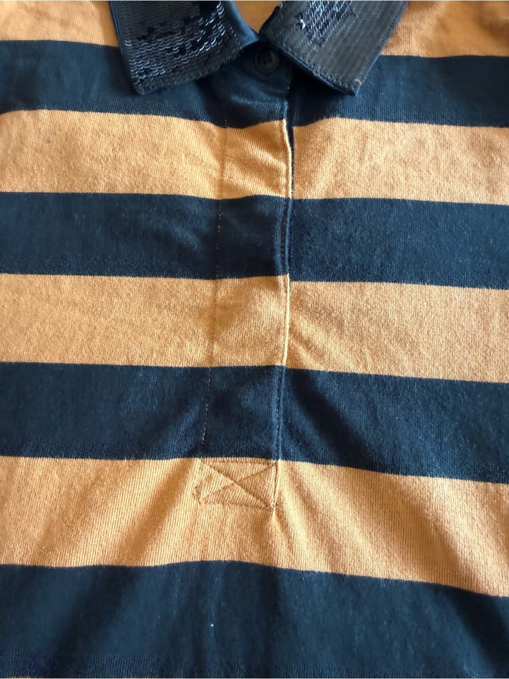 J. Crew Women’s Black and Orange Striped Rugby Polo with Sequin Collar Size M - Picture 5 of 10